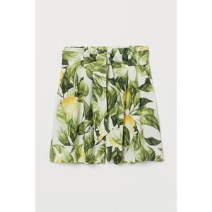 H&M Lemon Leaf Print Paperbag Waist Shorts Womens Size 4 White Green Yellow‎